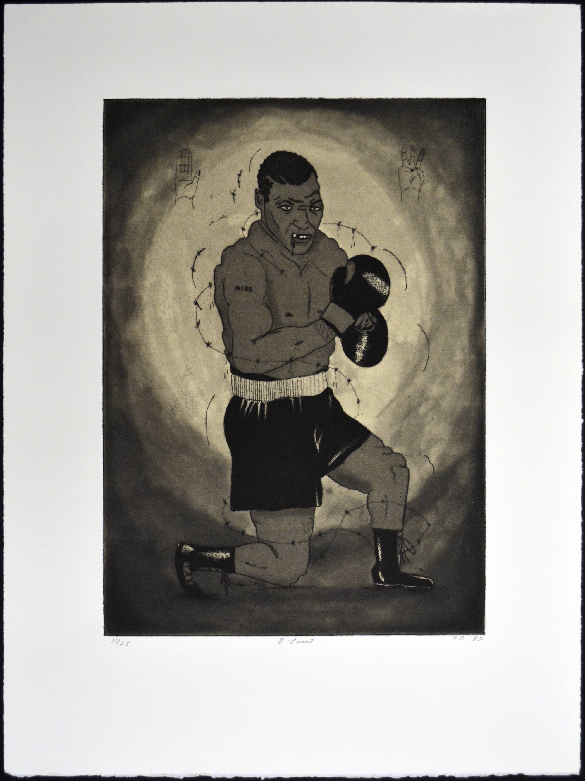 etching of mike tyson on one knee
